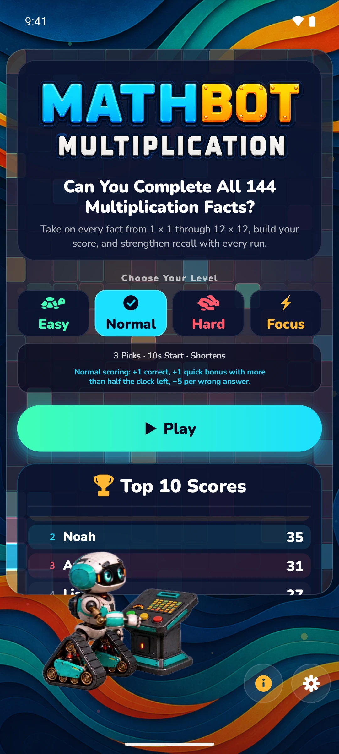 Mathbot — Choose Your Level: Easy · Normal · Hard · Focus