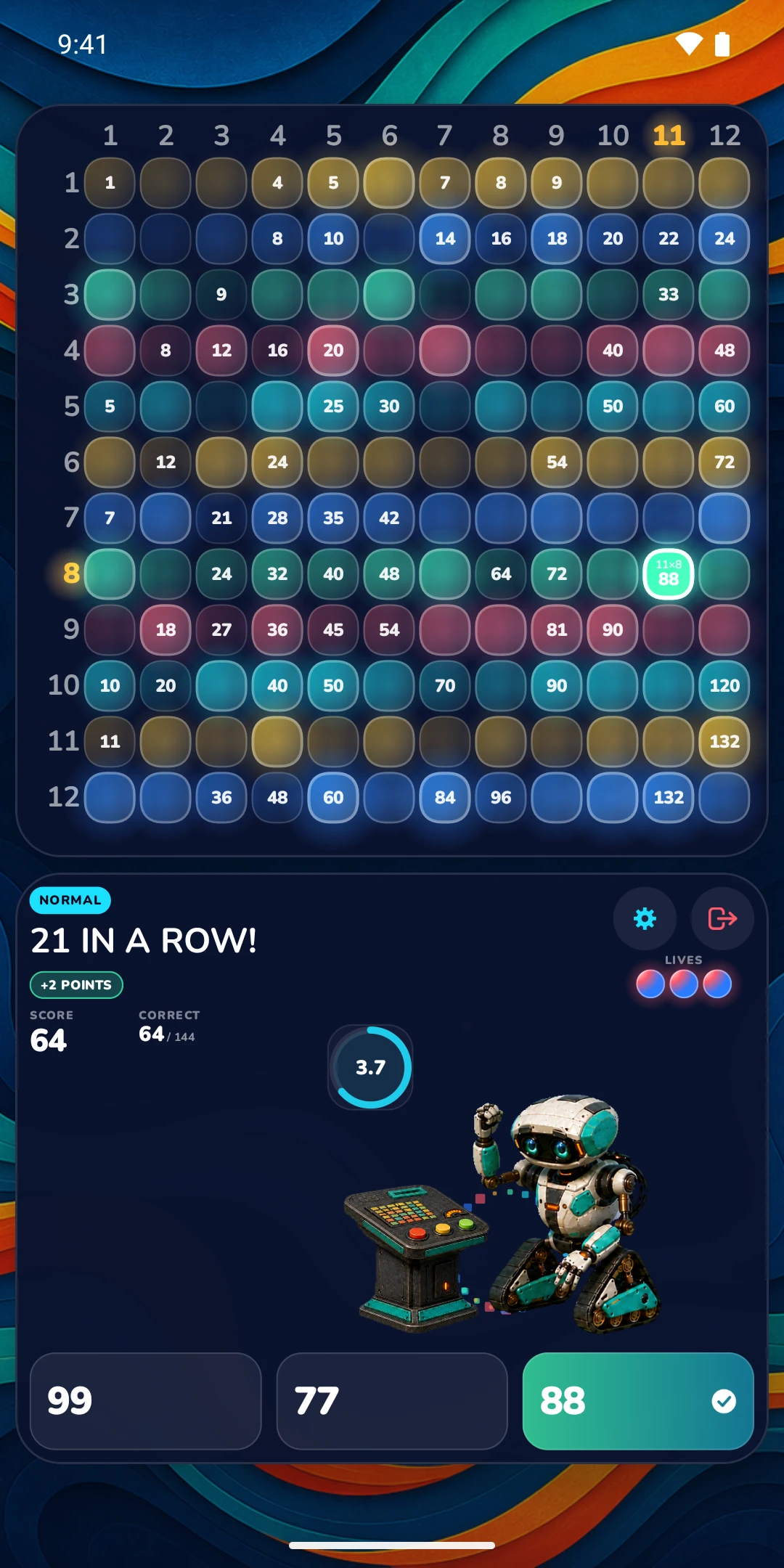 A correct answer landing during a streak on an Android phone, lighting up the board