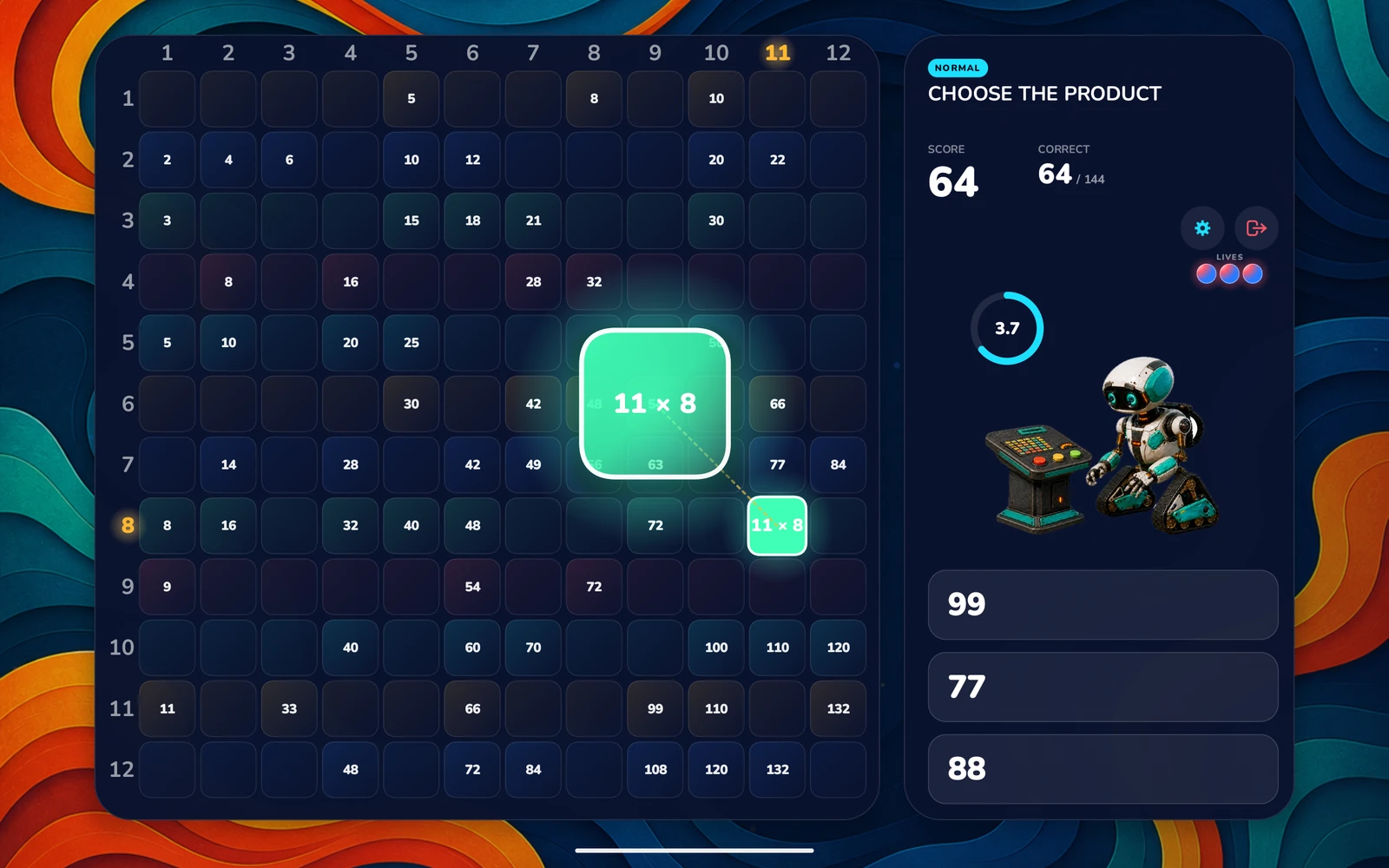 A fact magnified off the board on an Android tablet, with the answer choices alongside