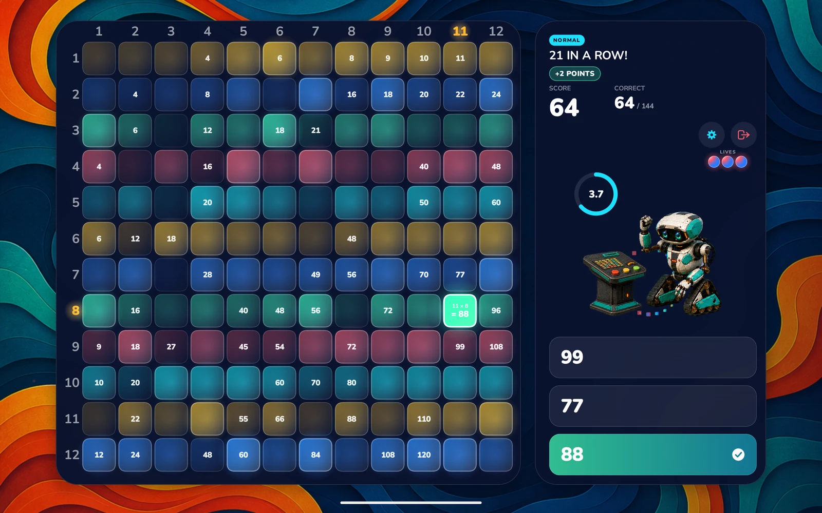A correct answer landing during a streak on an Android tablet, brightening the board