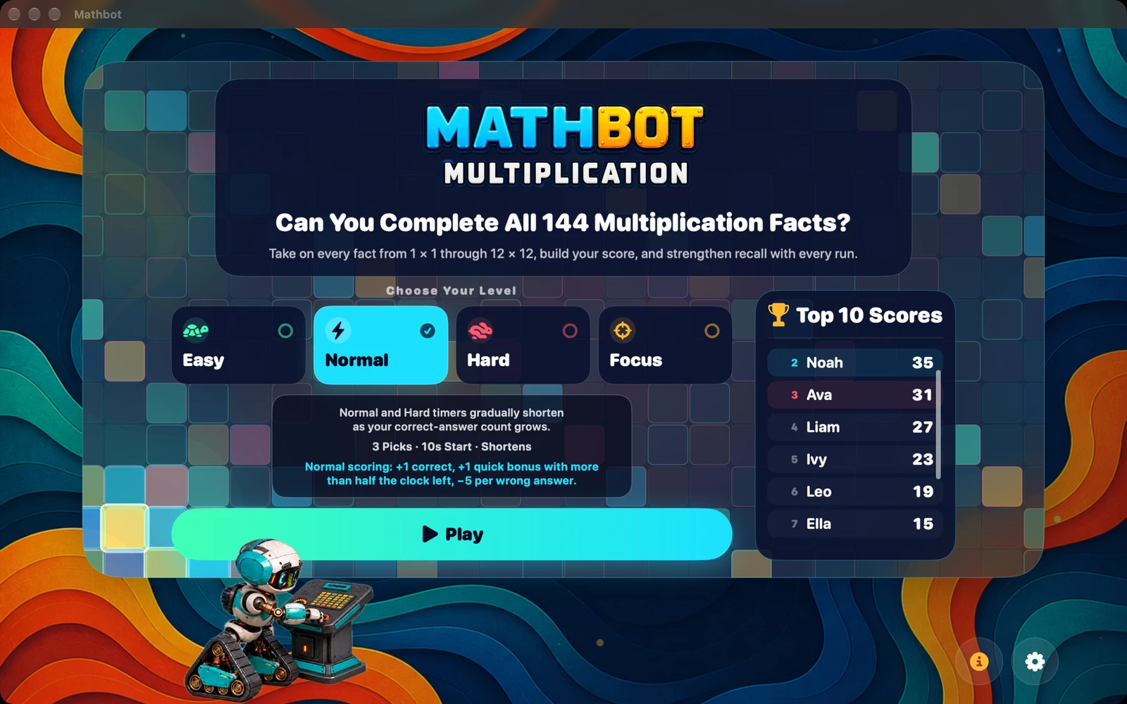 Mathbot — Choose Your Level: Easy · Normal · Hard · Focus